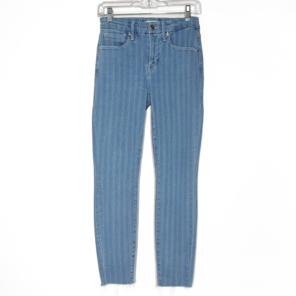 Good American Striped Light Blue Fringe Hem Cropped Jeans Size 26 Size 2